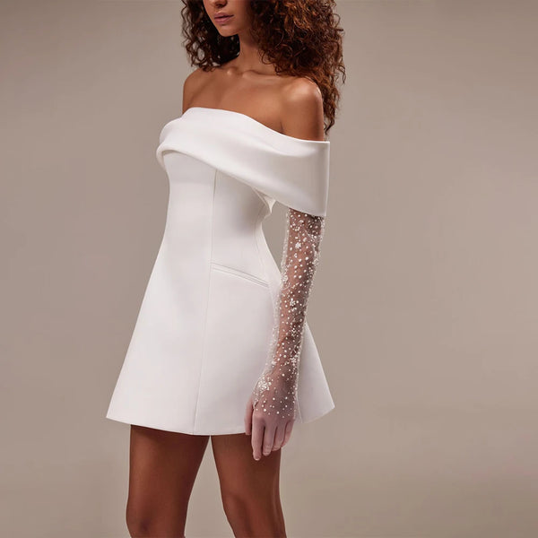 Sophisticated Off-the-Shoulder Satin Short Mini Wedding Dresses