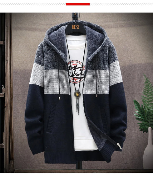Men's Fleece Knit Sweater Coat with Stripes - Stylish Casual Jackets and Hoodies for Winter and Autumn, Thick Warm Windbreaker Pullovers for Everyday Wear