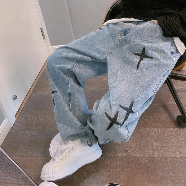 Prints Jeans Men Streetwear Baggy Wide Leg Denim Pants