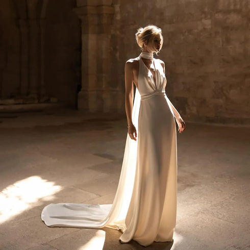 Halter Satin Sleeveless Deep V-Neck Wedding Dress Sexy Mermaid Backless Wedding Gown for Bridal