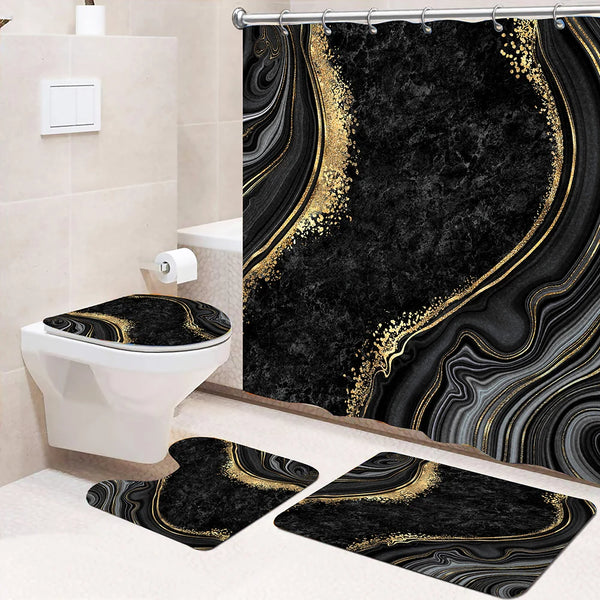4 Piece Doormat Shower Curtain Set with Non-Slip Rugs Toilet Seat Cover and Bath Carpet for Bathroom Decor