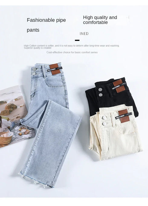 Slim Straight Elastic Denim Pipe Pants for Women - Versatile All-Season Trousers with Pockets and Tie Dye Details for Trendy Fall Outfits