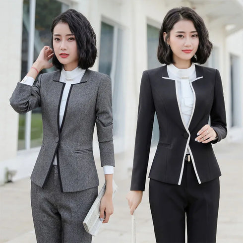 Elegant Long Sleeve One Button Business Suit for Women - Stylish Office Lady Attire for Formal Events and Professional Settings