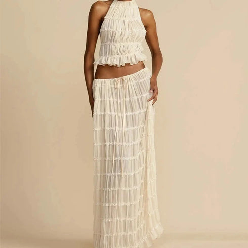 Fashion Halter Neck Maxi Skirt Suit for Women Backless Lace Up Two Piece Summer Outfit