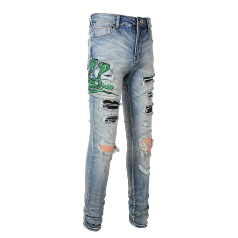 Men's Distressed Snake Embroidery Skinny Jeans with Leather Patch and Ripped Detail