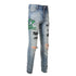 Men's Distressed Snake Embroidery Skinny Jeans with Leather Patch and Ripped Detail