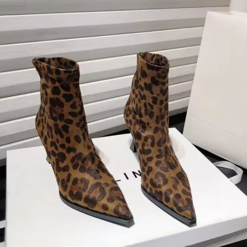 High Heels Ankle Boots Women Leopard Pointed Toe Fashion