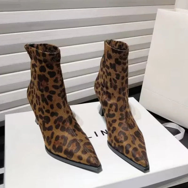 High Heels Ankle Boots Women Leopard Pointed Toe Fashion