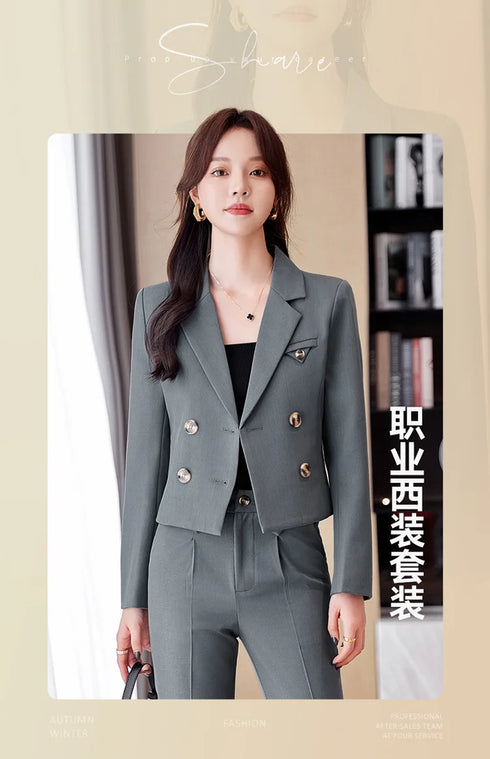 Chic Women's Office Suit Set: Long Sleeve Double Breasted Short Tops with Slim High Waisted Pencil Pants for Spring Fashion