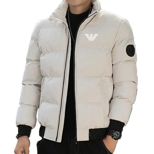 Versatile Winter Down Jacket for Men - Casual Solid Color Thick Warm Outerwear with Printed Design and Appliques