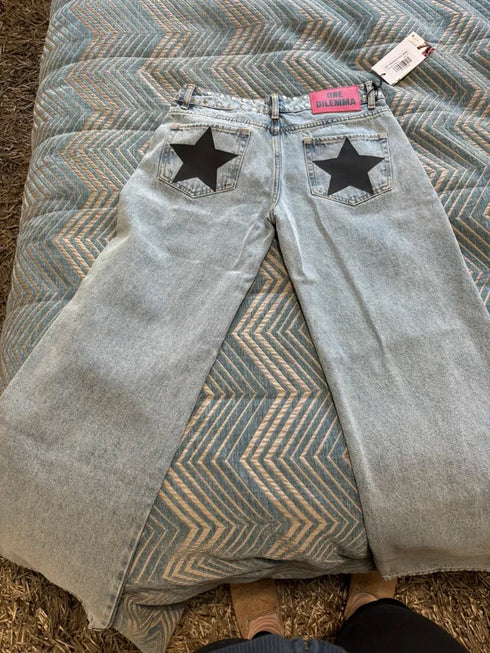 Baggy Jeans For Women With Stars Print Hip Hop Streetwear Style Loose Fit Denim Jeans