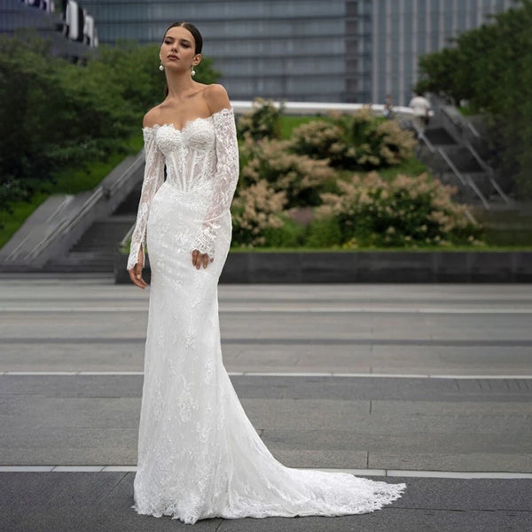 Backless Lace Mermaid Wedding Dress With Sweetheart Collar Long Sleeve Train Custom Made Bridal Gown