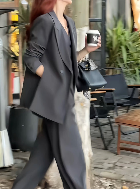 Elegant 3-Piece Korean Business Suit for Women: Stylish Blazer, Sleeveless Vest, and Wide Leg Pants Set for Office and Casual Wear