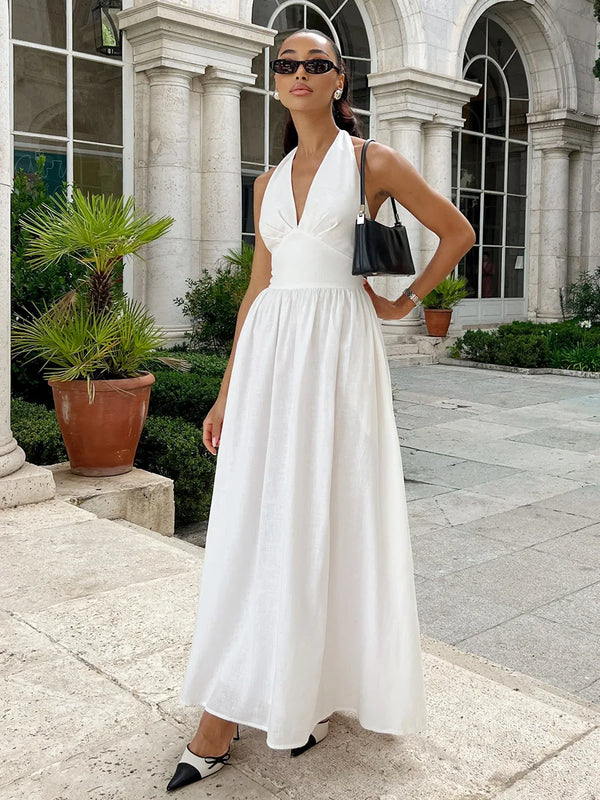 Women's Cotton V Neck Long Dress Fashionable Oversized Waist Cinched Style