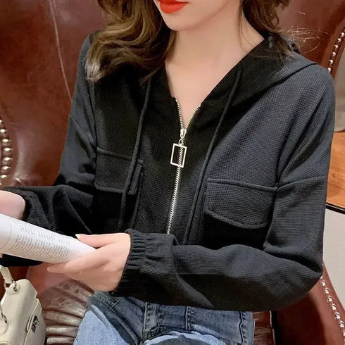 Hooded Spring Jacket for Women Short Summer Thin Zipper Cardigan Loose Work Casual Top