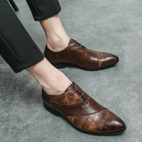 Luxury Handmade Crocodile Skin Derby Shoes for Men - Pointed Toe Lace-up Formal Business Footwear for Office & Career