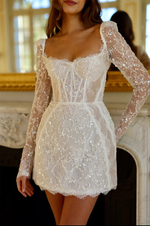 Customized Sequin Lace Mini Skirt Wedding Dress with Square Neck and Long Sleeves Lace-Up Back Short Gown