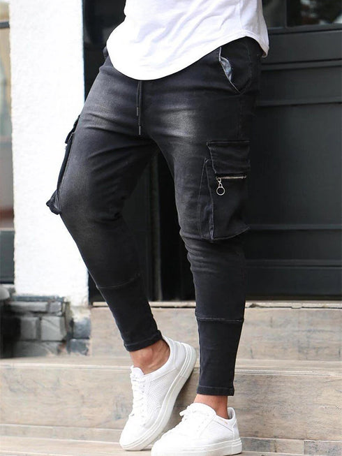 Men's Slim Fit Stretch Jeans Multi Pocket Cargo Trousers