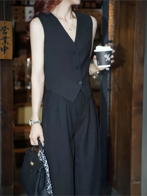 Elegant 3-Piece Korean Business Suit for Women: Stylish Blazer, Sleeveless Vest, and Wide Leg Pants Set for Office and Casual Wear
