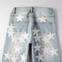 Men's Distressed Ripped Jeans with Leather Star Patchwork and Moustache Holes
