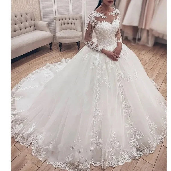 Princess Ball Gown Wedding Dress Long Sleeve Plus Size Lace Beading Bridal Gown