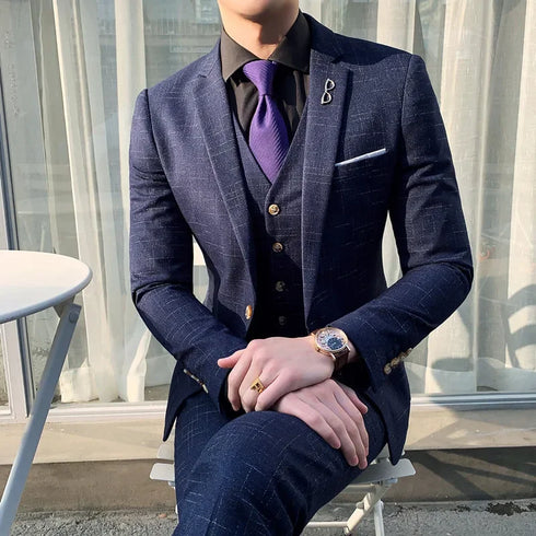 Slim Fit Men's Three Piece Suit with Vest and Trousers for Wedding
