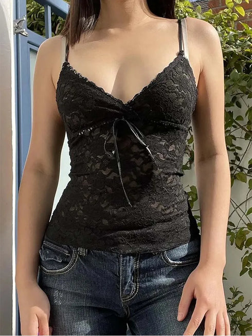 See Through Lace Cami Crop Top Sleeveless V Neck Sexy Tank Top Women Summer Y2K Gothic Aesthetic
