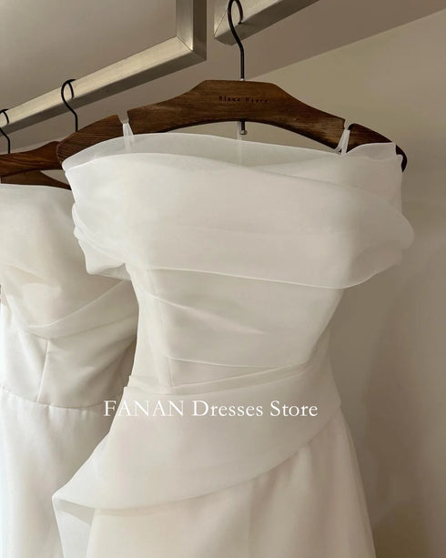 Off The Shoulder Organza A Line Wedding Dress With Ruched Bodice And Lace Up Back Plus Size Bridal Gown