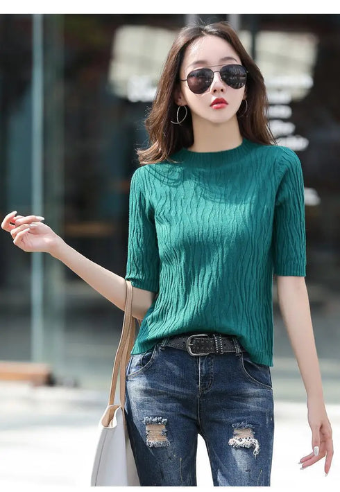 Half Turtleneck Ice Silk T-shirt Women's Sweater Mid-sleeved Temperament Versatile Top Fashionable Inner Wear Summer New Style