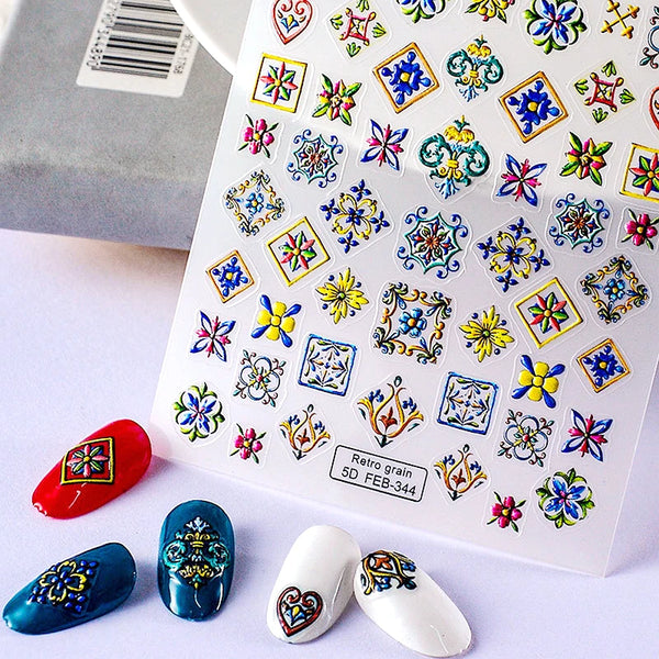 Bohemian 5D Embossed Floral Nail Art Stickers - Retro Elegant Embroidery Decals for Stunning Flower Nail Decorations and Accessories