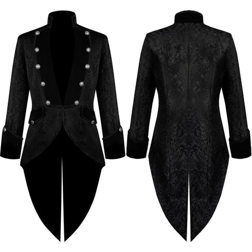 Gothic Men's Steampunk Vintage Prince Tuxedo Windbreaker Coat for Medieval Renaissance Role-Playing and Partys – Exquisite Victorian Edwardian Jacket with Floral Appliques and Turtleneck Design