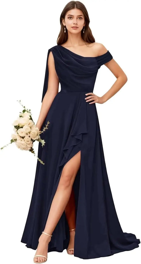 Bridesmaid Dress One Shoulder Chiffon With Pleated Ruffles A-Line Floor-Length Slit Bridal Dress