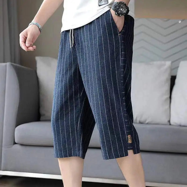 Summer Trend Cotton Hemp Casual Capris Men Elastic Waist Shorts