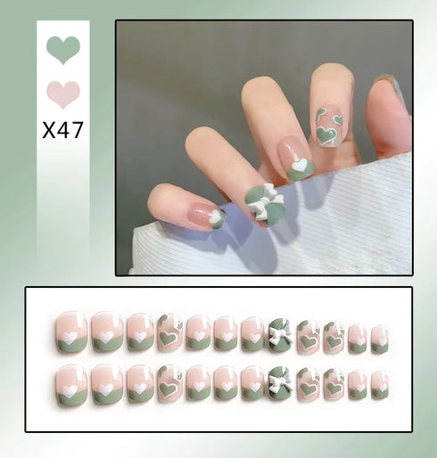 24Pcs Cute Bow Short Coffin Press On Nails - Artificial Full Cover Acrylic Nail Tips for Fall Season Nail Art Decor with Seamless Removable Designs