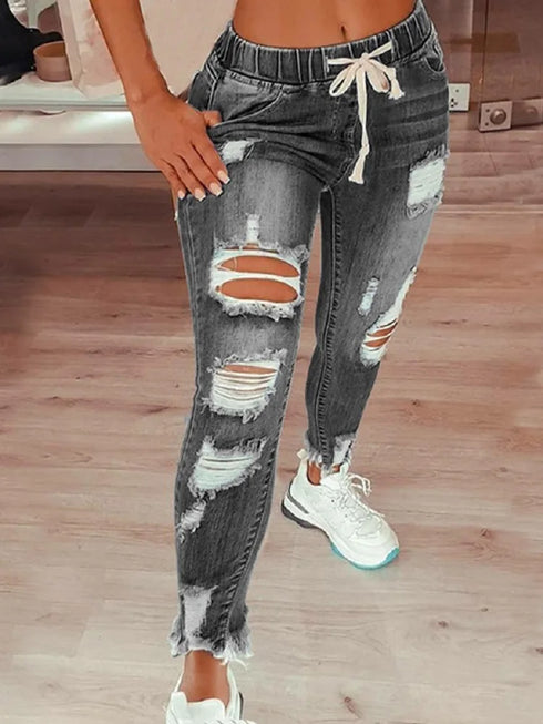 Casual Drawstring Denim Jeans for Women - Ripped Hole Stretch Skinny Pencil Pants Perfect for Fall Outfits Jeans and Homecoming Events