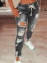 Casual Drawstring Denim Jeans for Women - Ripped Hole Stretch Skinny Pencil Pants Perfect for Fall Outfits Jeans and Homecoming Events