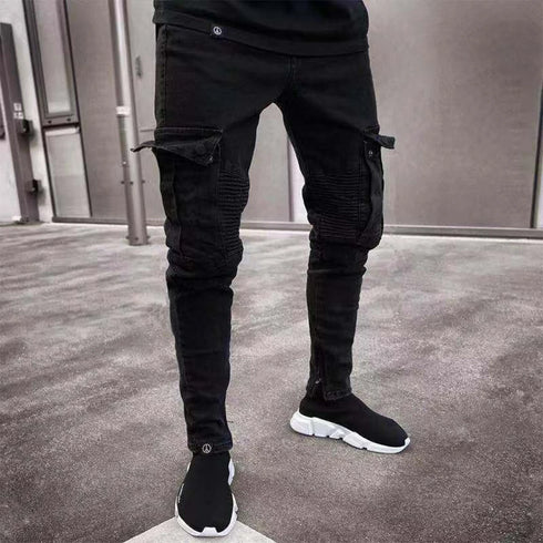 Fashion Streetwear Ripped Skinny Jeans Men Cargo Pants Slim Fit
