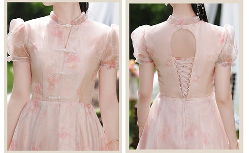 Off Shoulder Bridesmaid Dress Elegant Bubble Sleeve Floral Print Aline Gown For Party