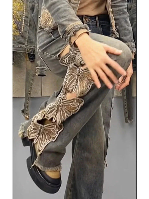 Y2K-Inspired Women's High Waist Denim Pants with Butterfly Embroidery - Loose Fit Straight Ripped Jeans Perfect for Streetwear and Fall Outfits with Jeans