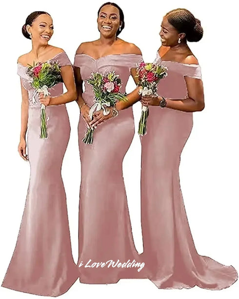 Off Shoulder Satin Mermaid Bridesmaid Dress With Ruched Detailing And Sweep Train