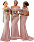 Off Shoulder Satin Mermaid Bridesmaid Dress With Ruched Detailing And Sweep Train