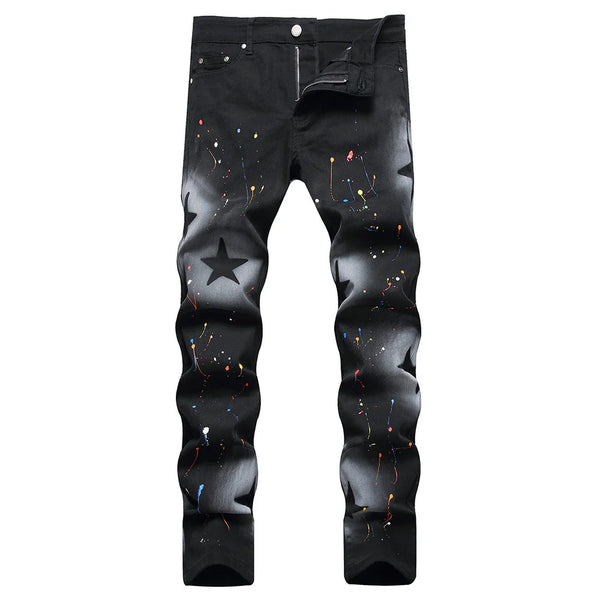 Men Star Painted Jeans Slim Straight Pants Streetwear Denim Trousers