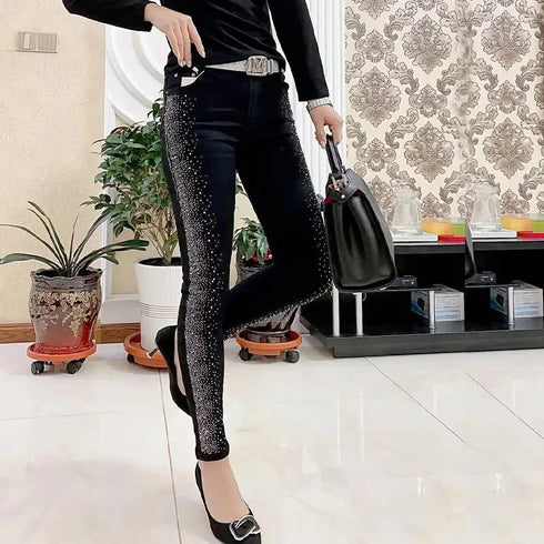 Fashion Rhinestone Jeans Female High Waist Slim Pencil Pants