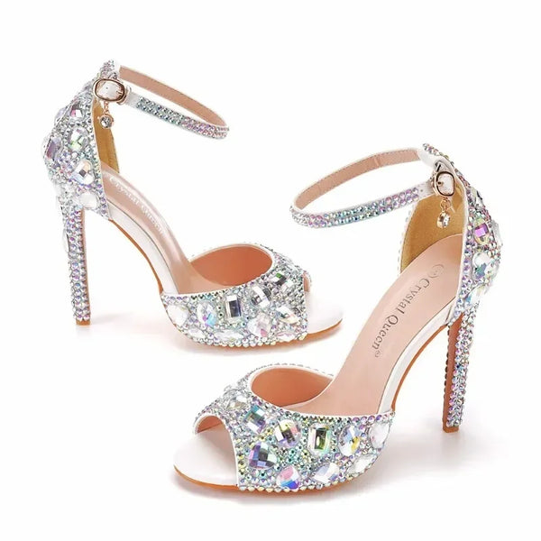 Pumps Women Heeled Sandals Summer Rhinestone Buckle Strap Elegant Wedding Shoes