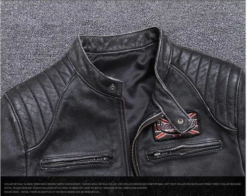 Vintage Genuine Leather Biker Jacket for Men – Slim Fit Cowhide Motorcycle Outerwear with Pockets and Embroidery Details for All Seasons