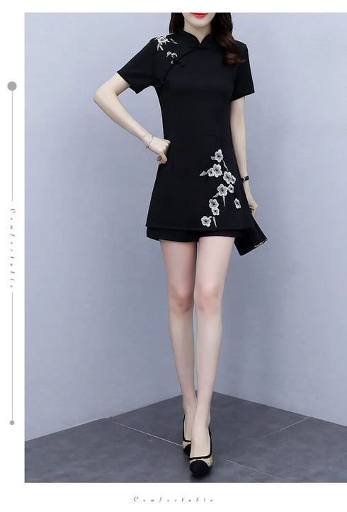 Women's Suit Chinese Style Outfits Matching Crop Top Shorts Two Piece Sets Summer Retro Cheongsam Lady Clothes