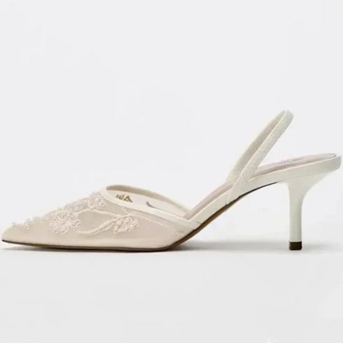 Mesh Embroidered Floral Slingback Heels Sandals For Women