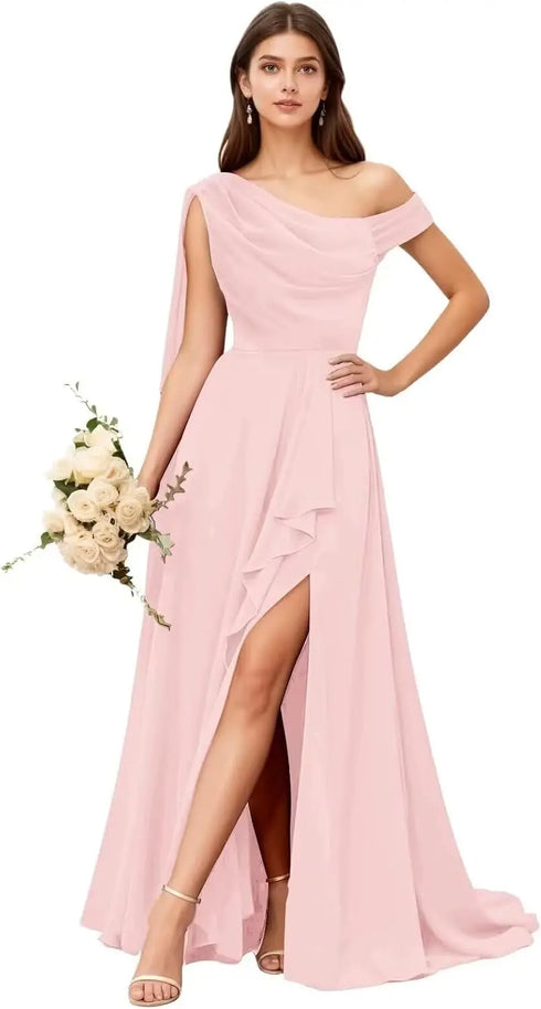 Bridesmaid Dress One Shoulder Chiffon With Pleated Ruffles A-Line Floor-Length Slit Bridal Dress