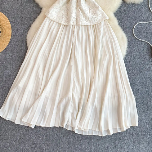 Runway Spring Pleated Chiffon Lace Party Long Dress Midi Dresses