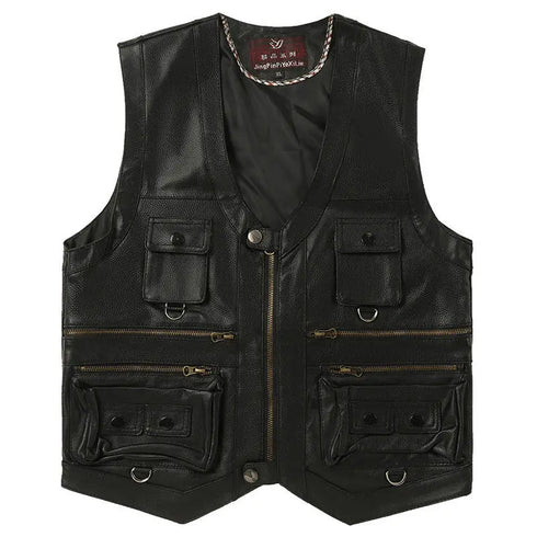Men's Genuine Cowhide Leather Vest - Slim Fit Multi Pocket Zipper Waistcoat for Spring and Autumn Casual Wear
